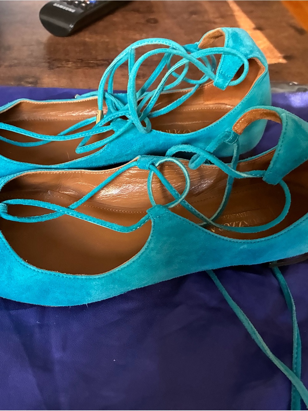Aquazzura Turquoise Suede Lace-Up Pointed-Toe Flats - Picture 2 of 3